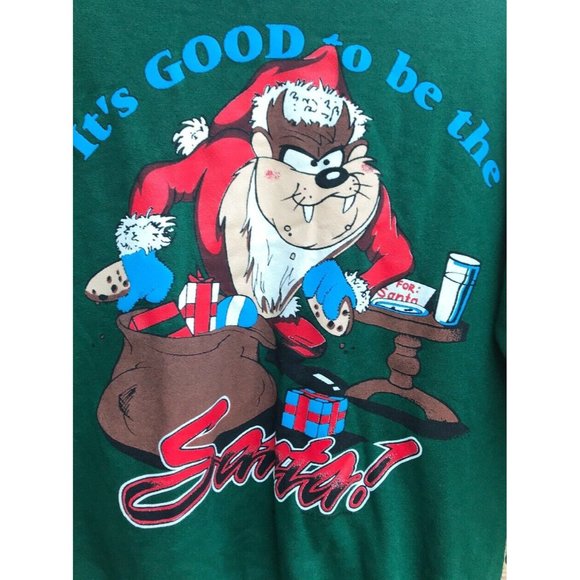 Taz Tasmanian Devil Santa Clause Looney Toons Green Sweatshirt S/M - Picture 2 of 5